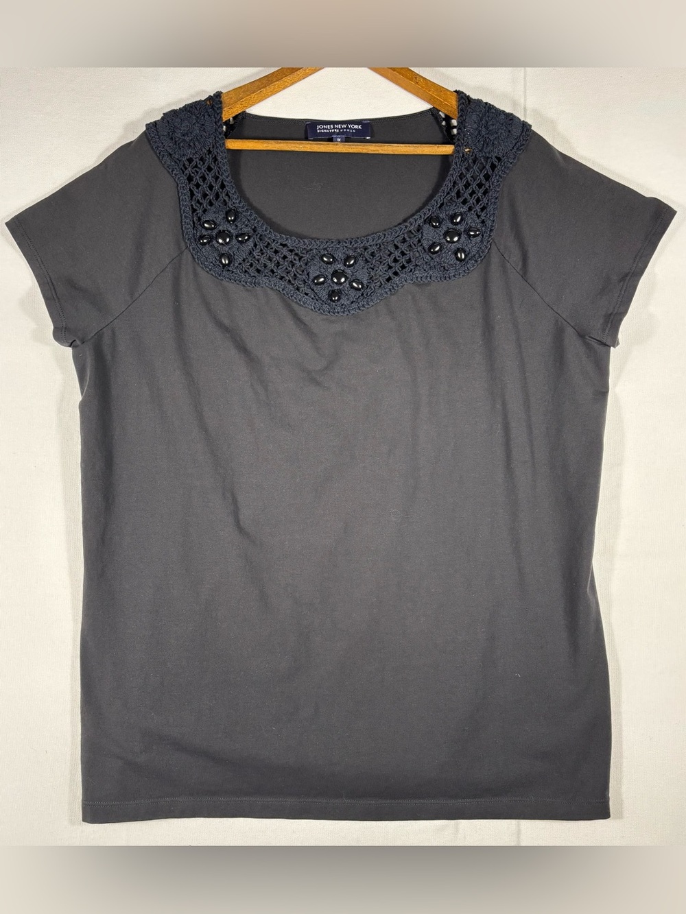 Jones New York Women’s 1X Black Crochet-Trim Short Sleeve Top with Beads